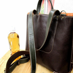 Real leather backpack/Kip leather/Choco & Orenge & Olive 第3張的照片