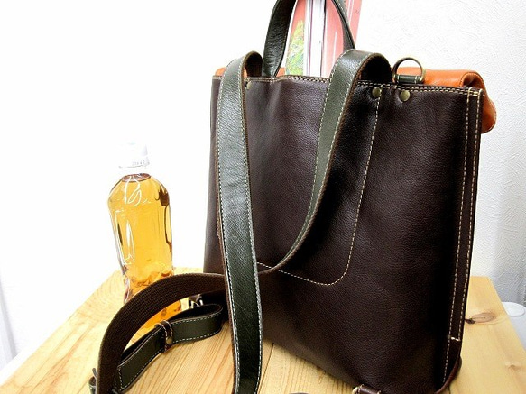 Real leather backpack/Kip leather/Choco & Orenge & Olive 第3張的照片