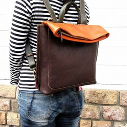 Real leather backpack/Kip leather/Choco & Orenge & Olive 第7張的照片