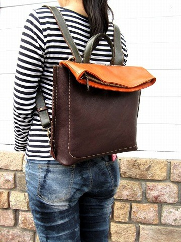 Real leather backpack/Kip leather/Choco & Orenge & Olive 第7張的照片