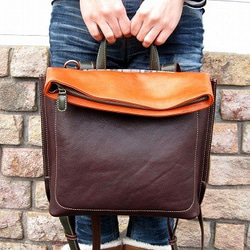 Real leather backpack/Kip leather/Choco & Orenge & Olive 第9張的照片