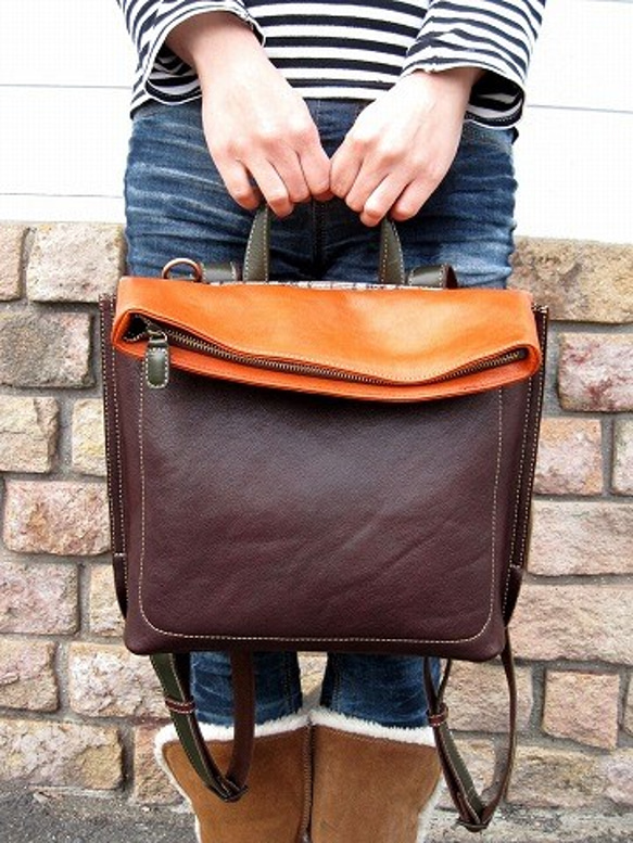 Real leather backpack/Kip leather/Choco & Orenge & Olive 第9張的照片