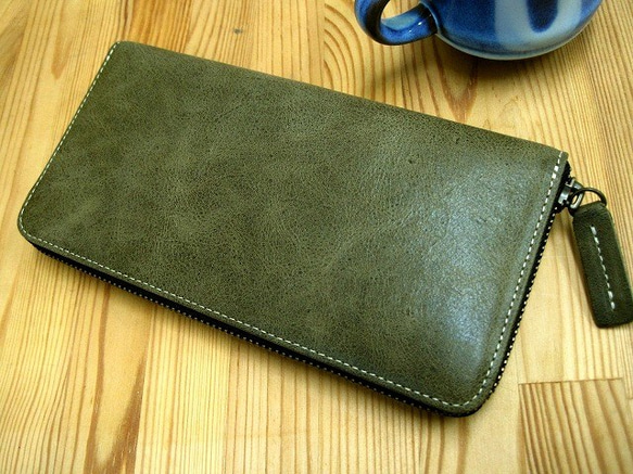 Real leather wallet/Kip leather/moss green 第1張的照片