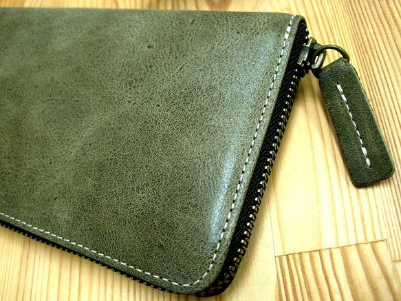 Real leather wallet/Kip leather/moss green 第2張的照片