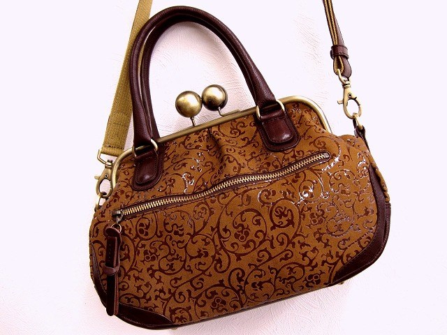 【受注生産】ショルダー＆手提げの2WAY がま口バッグ 小 唐草模様 ブラウン