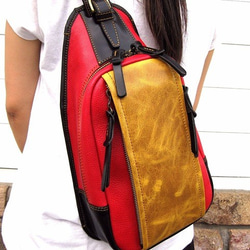 Real leather daypack/red&masterd&black 第1張的照片