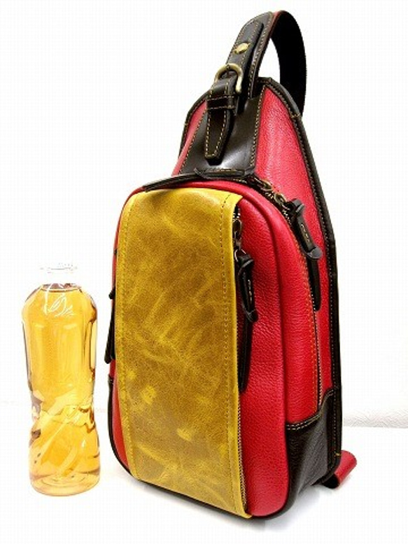 Real leather daypack/red&masterd&black 第2張的照片