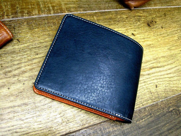 Real leather wallet/Cow Leather/Navy & Orange 第1張的照片