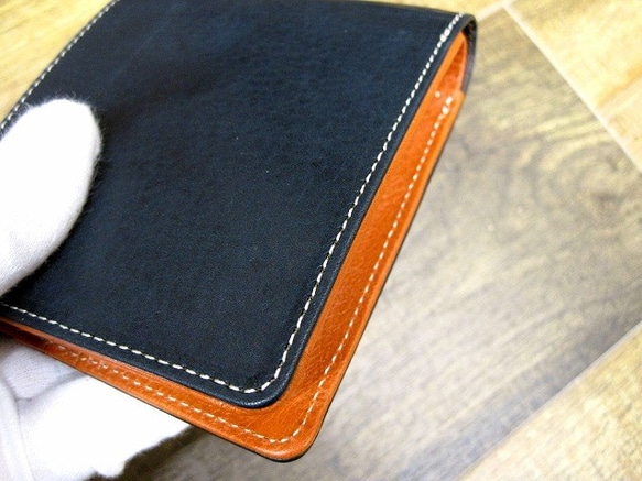 Real leather wallet/Cow Leather/Navy & Orange 第8張的照片