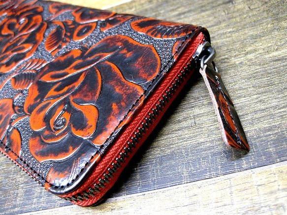 『Creema限定セット』薔薇柄オレンジ 本革トートバッグとお財布の２点セット！ 4枚目の画像