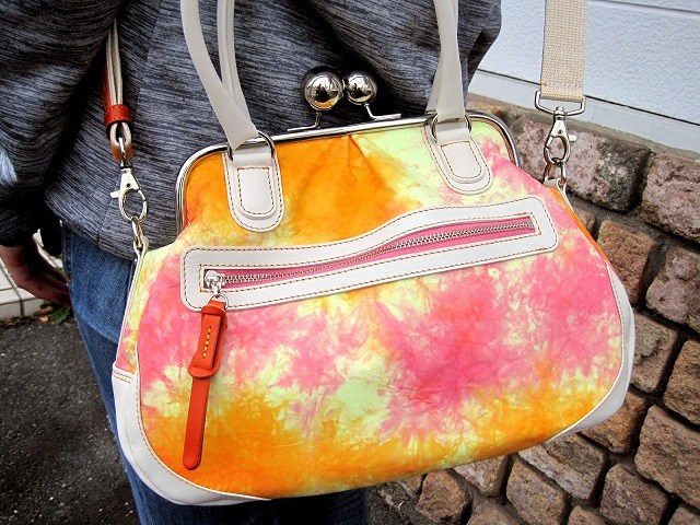【受注生産】ショルダー＆手提げの2WAY がま口バッグ 大 阿波紙 マーブリックピンク×サンライトイエローオレンジ