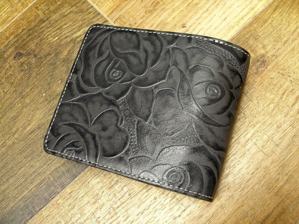 Real leather wallet/Embossed Leather/Rose Pattern Charcoal 第1張的照片