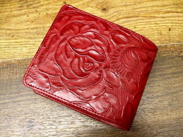 Real leather wallet/Embossed Leather/Rose Pattern Red 第1張的照片