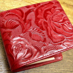 Real leather wallet/Embossed Leather/Rose Pattern Red 第8張的照片