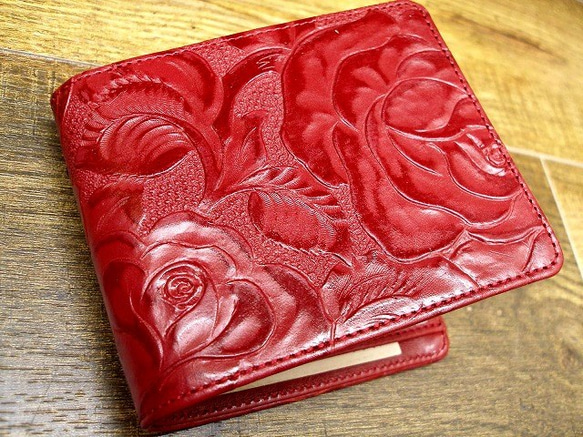 Real leather wallet/Embossed Leather/Rose Pattern Red 第8張的照片