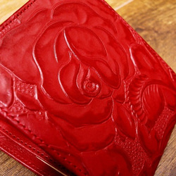 Real leather wallet/Embossed Leather/Rose Pattern Red 第9張的照片