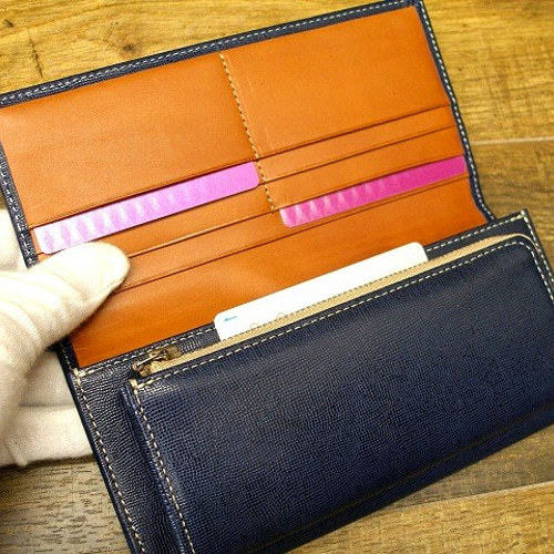 本革長財布 シンプルな折財布 角シボ型押レザー ネイビー【名 本革長財布 シンプルな折財布 角シボ型押レザー ネイビー【名