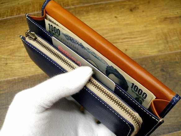 Real leather wallet/Embossing Kip leather/Navy 第3張的照片