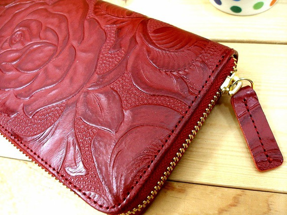 Real leather wallet/Embossing Cow leather/Rose pattern 第2張的照片