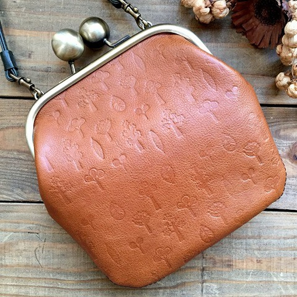 Real Leather Pouch bag with metal frame/Tree & Leaf/Camel 第4張的照片