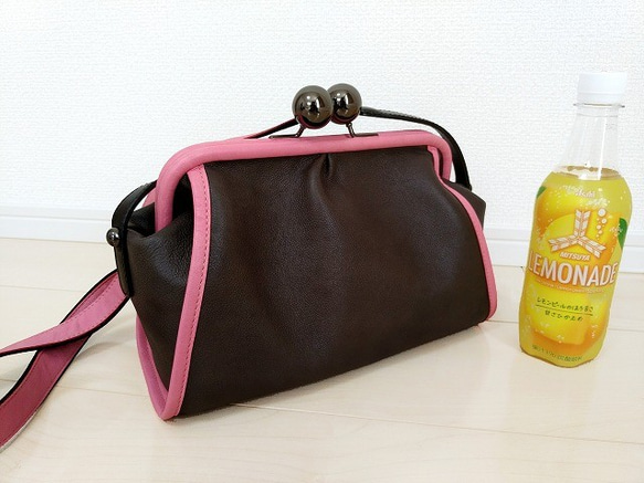 Real leather Shoulder bag/Steer Leather/Charcoal gray&Pink 第2張的照片