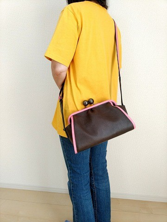 Real leather Shoulder bag/Steer Leather/Charcoal gray&Pink 第10張的照片