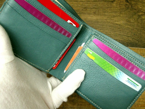 Real leather wallet/Goat & Steer Leather/Emerald & Turquoise 第2張的照片