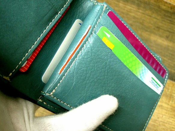 Real leather wallet/Goat & Steer Leather/Emerald & Turquoise 第7張的照片