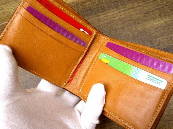 本革二つ折財布 ポケットたくさん多機能！ イグアナ柄 オレンジブラウングラデーション 2枚目の画像