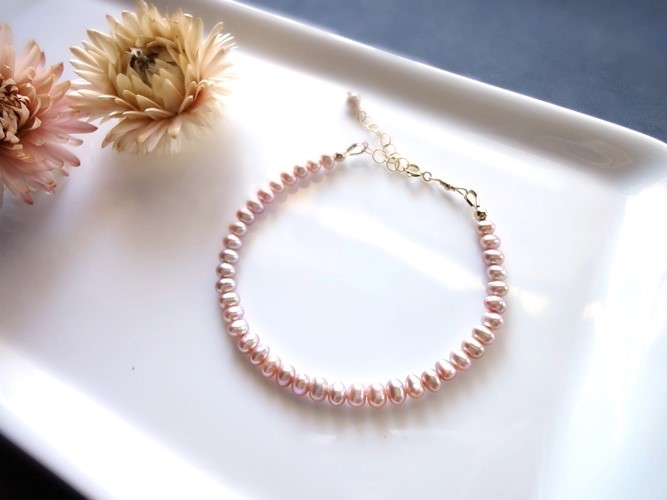淡水パールのブレスレット ■14KGF ピンク ■ クラシックピンク　縞入りポテト4mm