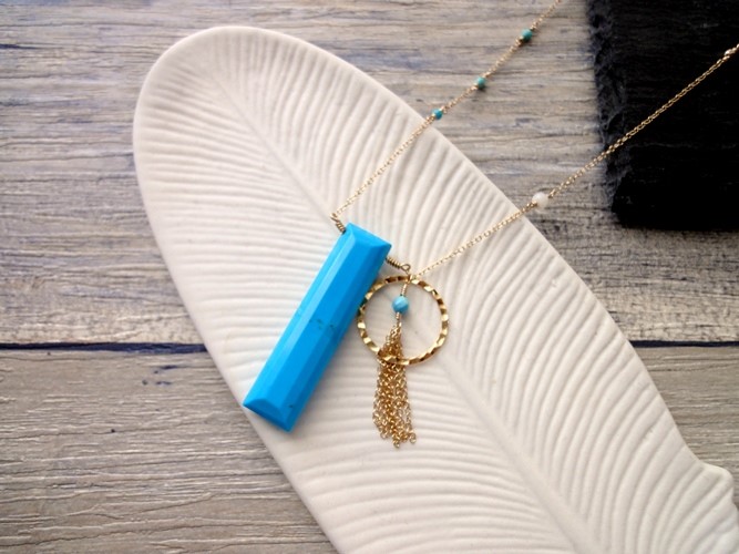 14KGF ロングネックレス■ ロングスクエア チェーンタッセル ■ ターコイズ