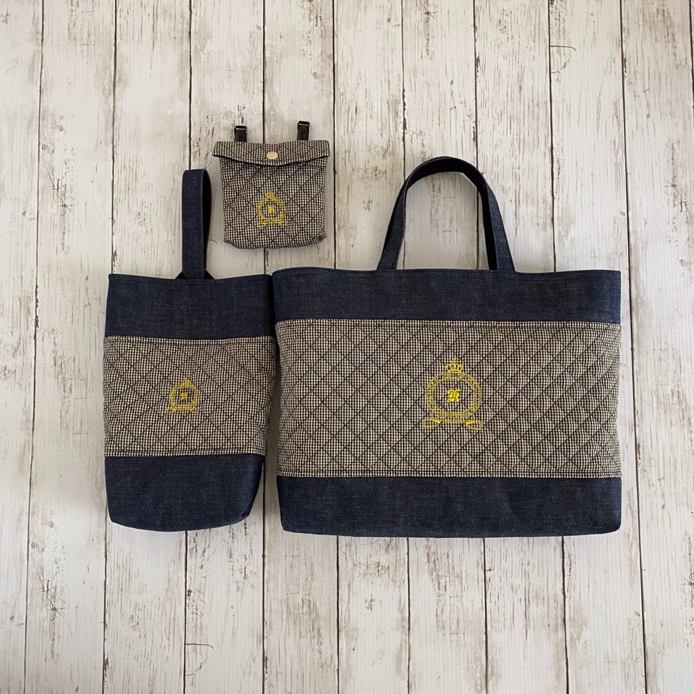 レッスンバッグとシューズケースと移動ポケットの3点セット◎ギンガムキルティングにデニム【K 】