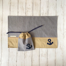 ランチクロスと巾着袋セット／ヒッコリーデニム紺とチノクロス＋赤