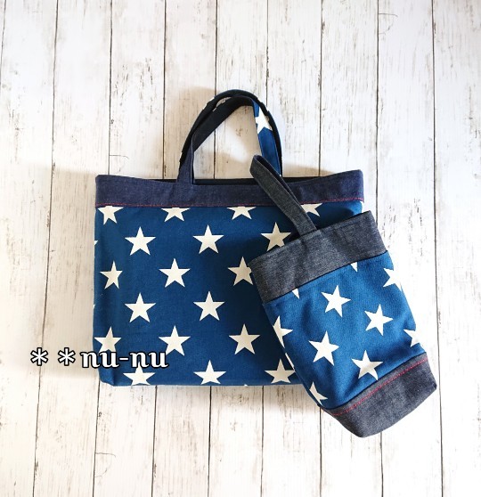 レッスンバッグシューズケースセット＊８号帆布スタープリントxワンウォシュデニム赤ステッチ