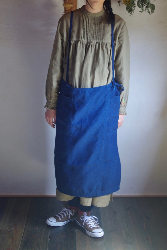 再販オーダー受付  3way　Linen Apron Dress　藍染め　 4枚目の画像