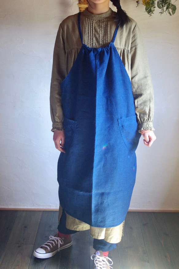 再販オーダー受付  3way　Linen Apron Dress　藍染め　 7枚目の画像