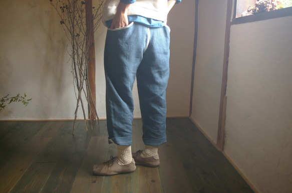 Peace pants Linen  藍とヤシャブシ染め 春色新作2020！ 2枚目の画像