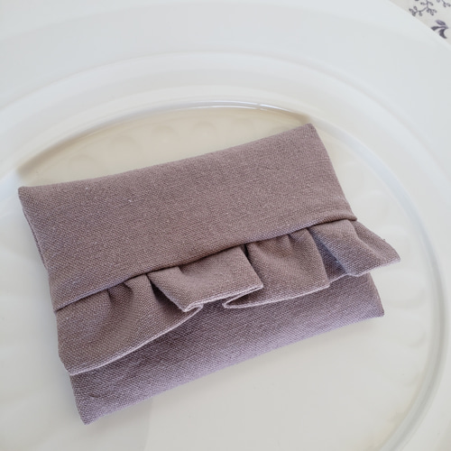 ♡✕200再販 国産リネン 上品フリルポケットティッシュケース ポーチ