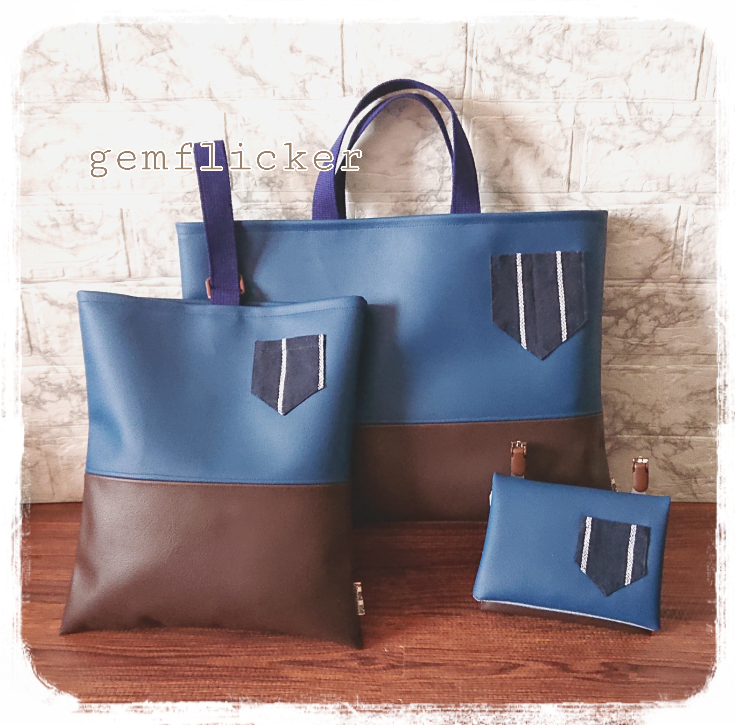 【名入れ無料中！】フェイクレザーのストライプ柄ポケット付きレッスンバッグ&シューズバッグ&移動ポケット♪3点セット♪