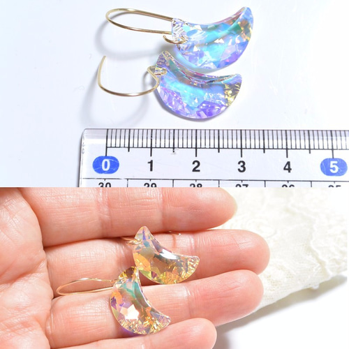 スワロフスキー・Moonペンダントの14kgfピアス（クリスタルオーロラ