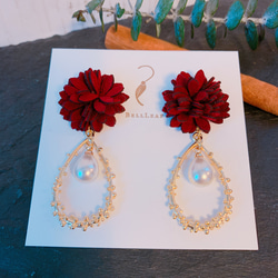 RED wine flower＊drop hoop&pearl＊ピアス&イヤリング 3枚目の画像