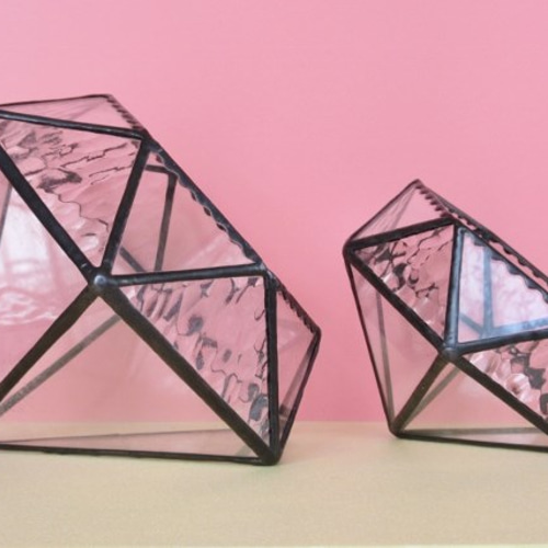 ダイヤモンド型テラリウム〈受注作品〉・ステンドグラス・観葉植物