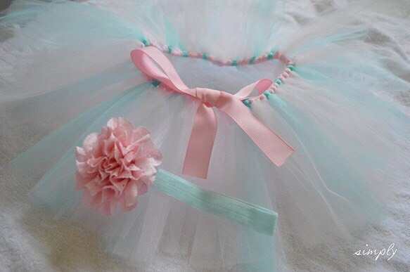 simply tutu & flower headband set ティファニーブルーxピンク (50-100cm) 1枚目の画像