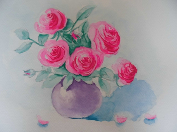 お花シリーズ（ピンクのバラ）インテリアに　原画　送料無料　水彩 1枚目の画像