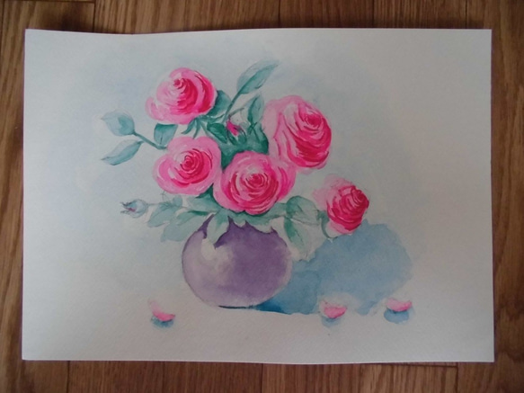 お花シリーズ（ピンクのバラ）インテリアに　原画　送料無料　水彩 2枚目の画像