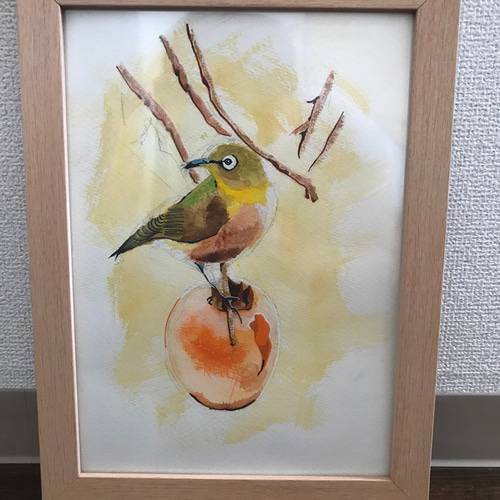柿とメジロ＊ インテリアに 原画 送料無料 水彩 絵画 がちゃ