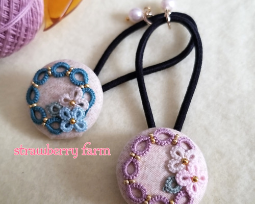 受注製作]フラワーリースのくるみボタンヘアゴム(タティングレース  