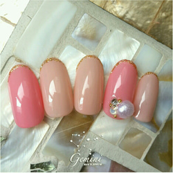 ピンク ガラス フレンチ ハートビジュー ネイル ネイルチップ（つけ爪