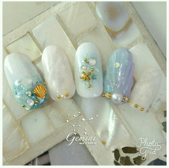 ブルー系マーメイドシェルネイル♡サイズオーダー ネイルチップ（つけ  