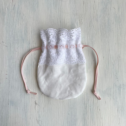 フランスアンティークレースのポーチ フランスアンティークレース - ポーチ - リネン 巾着バッグ Eau